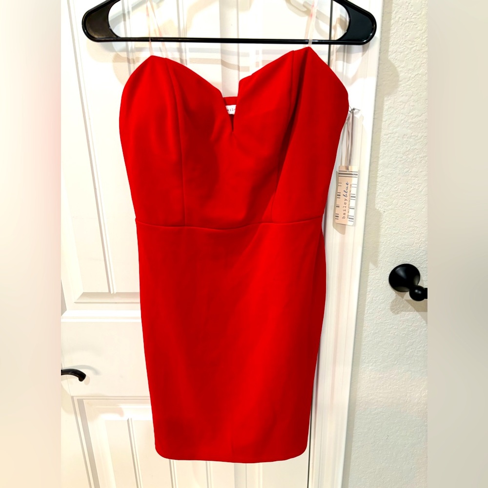 Red strapless mini dress